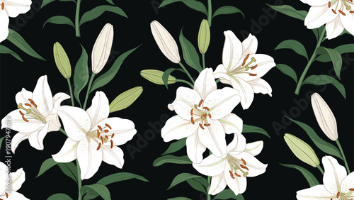 Elegant seamless pattern of blooming white lilies with green leaves and buds set against a deep black background for luxury themes.