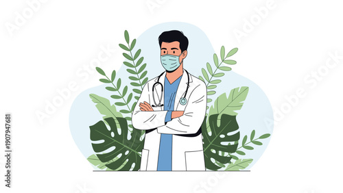Professional male doctor wearing a medical mask and white coat with arms crossed standing against a decorative leaf background.