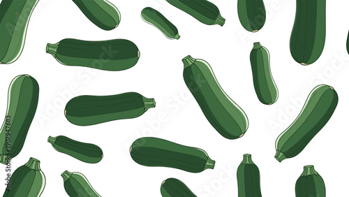 Simple seamless pattern of fresh green zucchinis or courgettes scattered across a white background for food and kitchen themes.