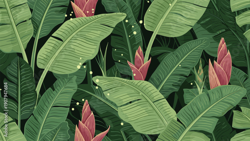 Lush tropical pattern featuring large green banana leaves and pink heliconia flowers with golden sparks on a dark forest background.
