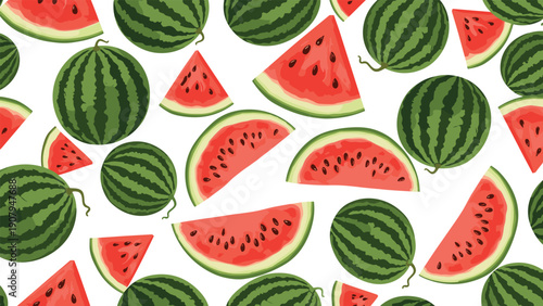 Colorful seamless pattern showcasing whole watermelons and juicy red slices with black seeds over a white background for summer themes.