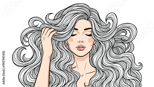 Beautiful young woman with long, voluminous wavy grey hair and eyes closed against a plain white background for hair care themes.