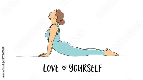Continuous line drawing of a woman performing the cobra yoga pose with a motivational phrase love yourself written below the figure.