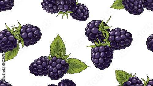 Seamless pattern featuring ripe blackberries with green leaves scattered randomly over a clean white background for textile or wallpaper design.