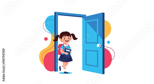 A happy young schoolgirl with a backpack and book is walking through an open blue door symbolizing new opportunities.