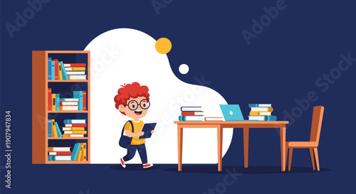 A happy student with glasses and a backpack walks past a desk and bookshelf in a library or study room at night.