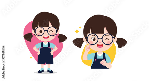 A set of a cute and smart young girl with glasses and pigtails is shown in confident and clever poses winking.