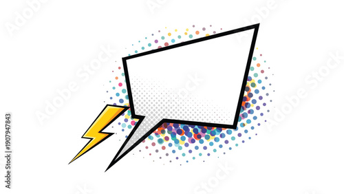 Blank pop art speech bubble with a yellow lightning bolt and colorful halftone dot background ready for custom text or message insertion.