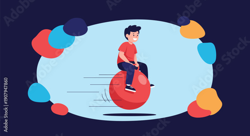 A happy young boy is having fun and bouncing quickly on a large red hopper ball against a colorful abstract background.