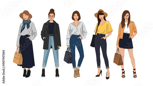 Illustration of five diverse women standing in a row wearing various stylish and modern casual autumn outfits on a plain white background.