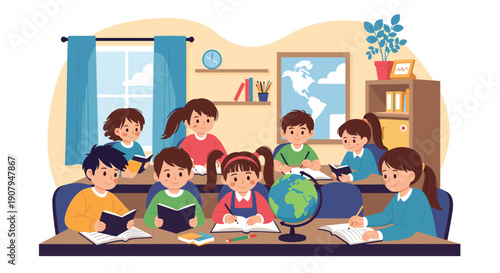 A group of diverse elementary school students are busy reading and writing at their desks in a bright and friendly classroom.