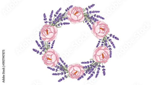 Circular flower wreath composed of soft pink peonies and sprigs of purple lavender flowers arranged beautifully on a white background.