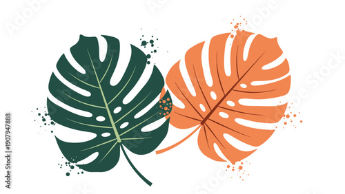 Two large monstera leaves in dark green and orange colors decorated with gold paint splatters and dots for a modern botanical decoration.