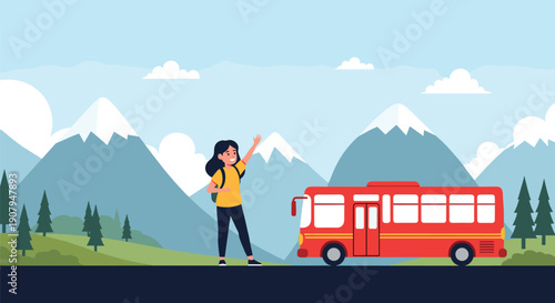 A female traveler with a backpack is waving down a red bus on a scenic road with mountains in the background.