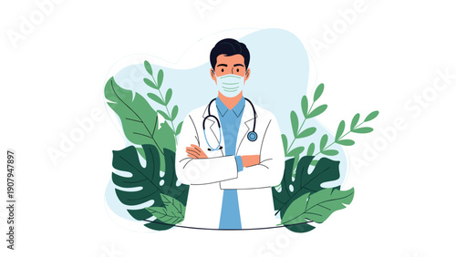 Male doctor in a white coat and medical mask standing with arms crossed confidently against a backdrop of large tropical green leaves.