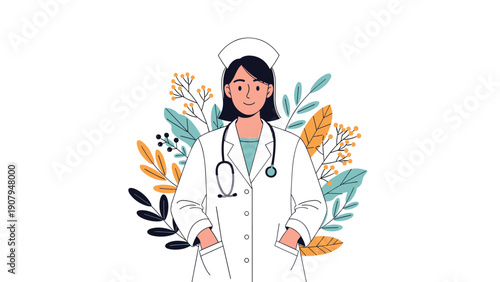Professional female doctor or nurse wearing a white coat and stethoscope standing in front of a decorative background of colorful botanical leaves.