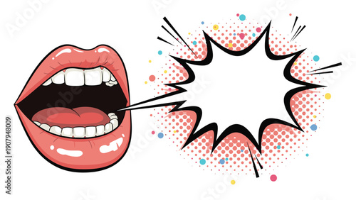 Dramatic pop art illustration of an open mouth with red lips and white teeth next to a blank speech bubble on a halftone dot background.