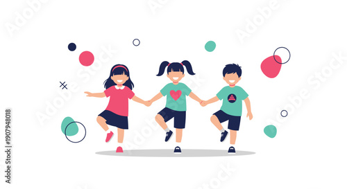 Three happy children two girls and a boy are holding hands and dancing together in a circle having fun as good friends.