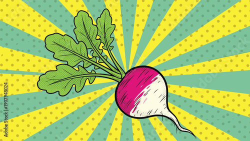 Vibrant pop art illustration of a fresh radish with green leaves set against a dynamic yellow and teal sunburst background with halftone dots.