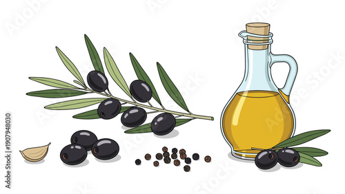 Elegant still life illustration of a glass bottle of extra virgin olive oil with fresh olive branches, whole olives, garlic, and peppercorns.