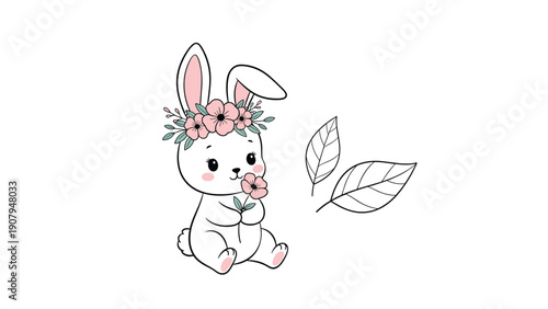 Adorable cartoon white bunny rabbit wearing a pink flower crown and holding a small blossom next to two delicate leaf sketches on white background.