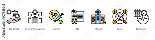 Clinical Research Operations web banner featuring Case Control, Document Management, Medicine, FDA, Hospital, Survey, and Longitudinal.