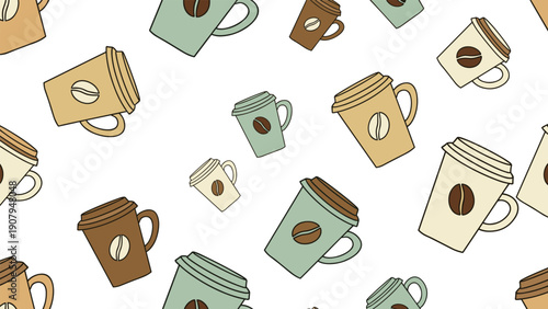 Seamless background pattern of takeaway coffee cups in various shades of brown and green, decorated with a coffee bean icon on a white backdrop.