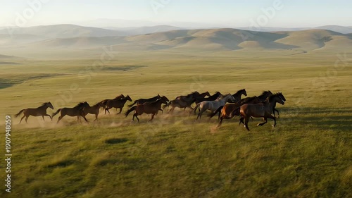 Wild mustangs run across a vast grassland with mountains in the distance. Aerial drone footage shows the horses roaming free across the american landscape