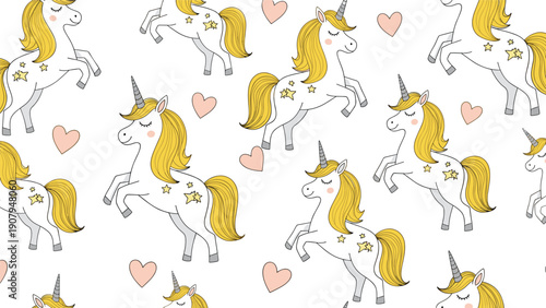 Sweet seamless pattern for children featuring cute white unicorns with golden manes and tails jumping among pink hearts on a white background.