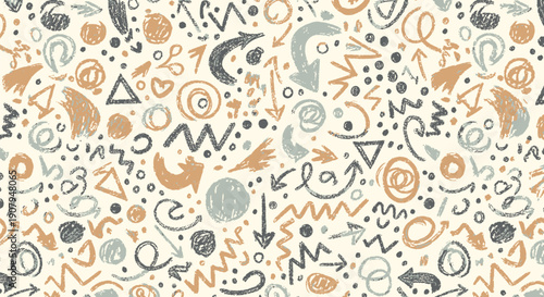 Memphis style doodle pattern, abstract shapes and symbols, orange gray and beige, seamless background texture, for website or social media design, overlay effect