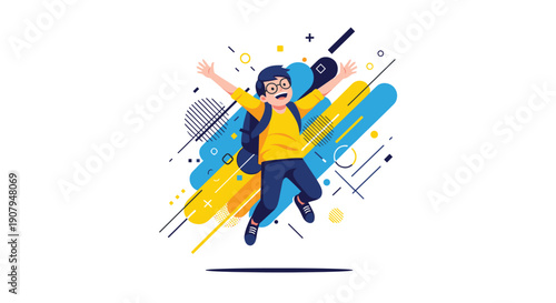An excited student with glasses and a backpack jumps for joy against a dynamic and colorful abstract geometric background.