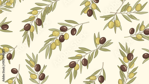 Botanical seamless pattern of olive branches with green and black olives on a cream background, suitable for kitchen decor and food packaging.