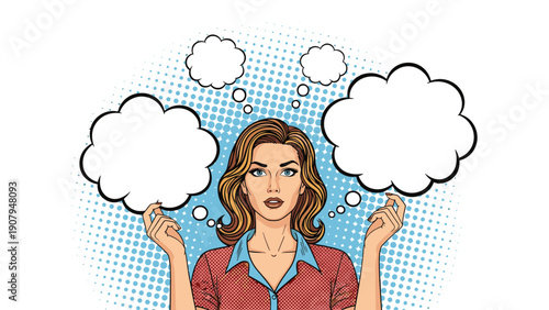 Retro pop art illustration of a woman with a surprised expression and multiple empty thought bubbles, set against a blue halftone background.