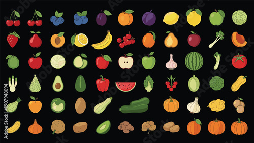 Extensive grid of pixel art style fruit and vegetable icons including berries, citrus, roots, and leafy greens isolated on a black background.
