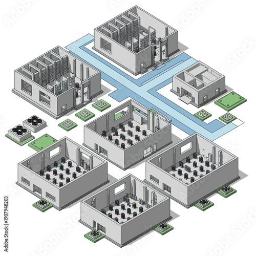 Isometric 3D Rendering of Data Center Servers.
