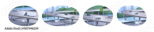Set of city landscapes with highways. Road interchange with traffic. Cityscape with overpass, bridge with cars, vans, buses and lorries. Flat isolated vector illustrations on white background
