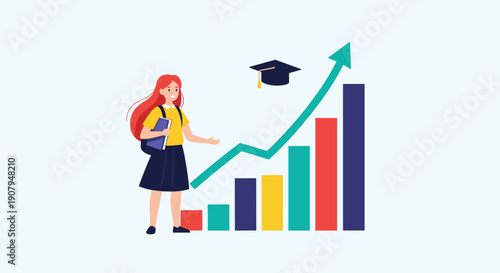 A female student in a graduation cap stands proudly next to a rising bar chart that symbolizes her academic achievement.