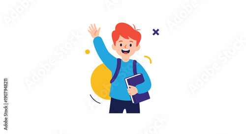 A happy elementary school student with a backpack and a book is waving his hand to say hello or goodbye to friends.