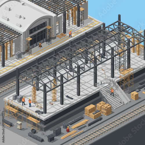 Isometric View of Train Station Under Construction.