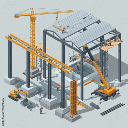 Construction Site with Crane and Workers.