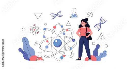 A female student stands confidently in front of various science-related doodles and icons representing physics and chemistry.