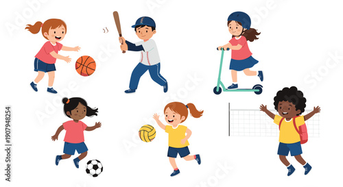 A diverse set of happy children are actively engaged in various sports like baseball basketball soccer volleyball and riding a scooter.