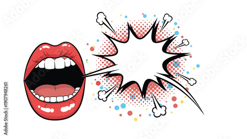 Pop art style open mouth with bright red lips and a comic speech bubble with colorful dots in the background.