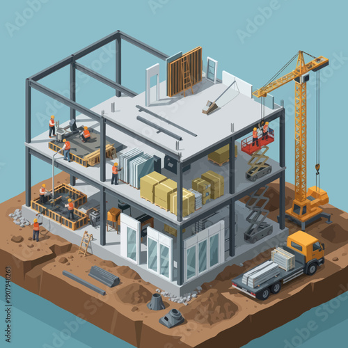 Isometric Building Under Construction with Crane.