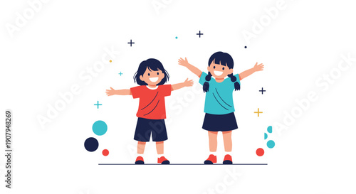 Two happy little girls with open arms are standing together as best friends against a background with colorful shapes.