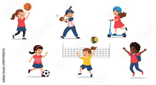 A set of diverse children are happily playing different sports including basketball baseball soccer volleyball and riding a scooter.
