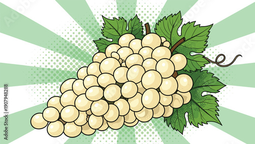 Pop art illustration of a ripe bunch of white grapes with green leaves on a sunburst background with halftone dots.