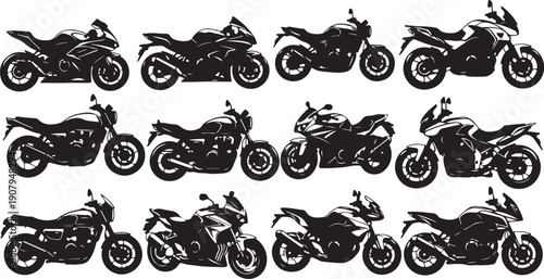 Collection of various motorcycle silhouettes in black and white