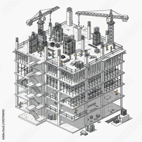 Detailed Architectural Blueprint of Building Under Construction.