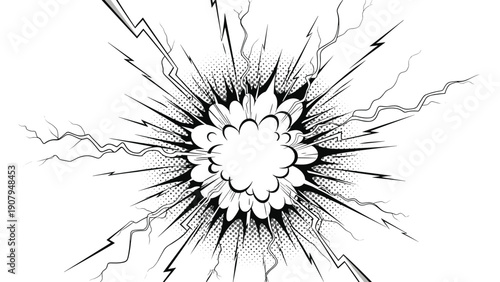 Intense black and white comic book style explosion with lightning bolts and halftone patterns on a white background.